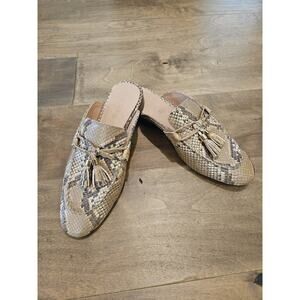 J. Crew Charlie Flat Mules Leather Snake Print Tassel Tan Almond Toe 9 M
